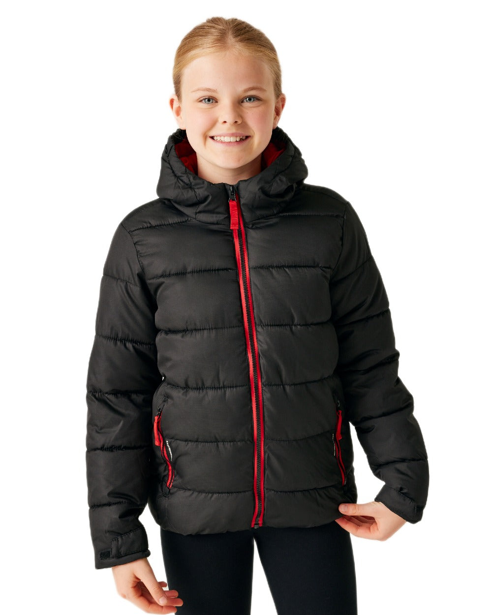 Black Classic Red coloured Regatta Professional Childrens Thermal Jacket on white background