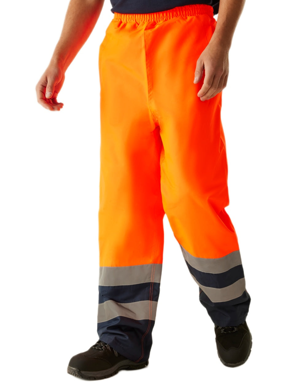Orange Navy coloured Regatta Professional HI-VIS PRO Two Tone Insulated Overtrouser on white background