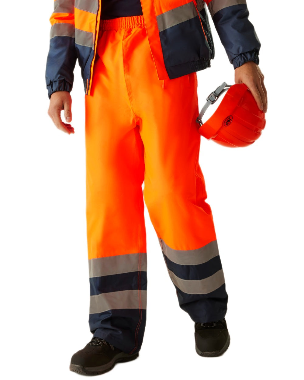 Orange Navy coloured Regatta Professional HI-VIS PRO Two Tone Insulated Overtrouser on white background