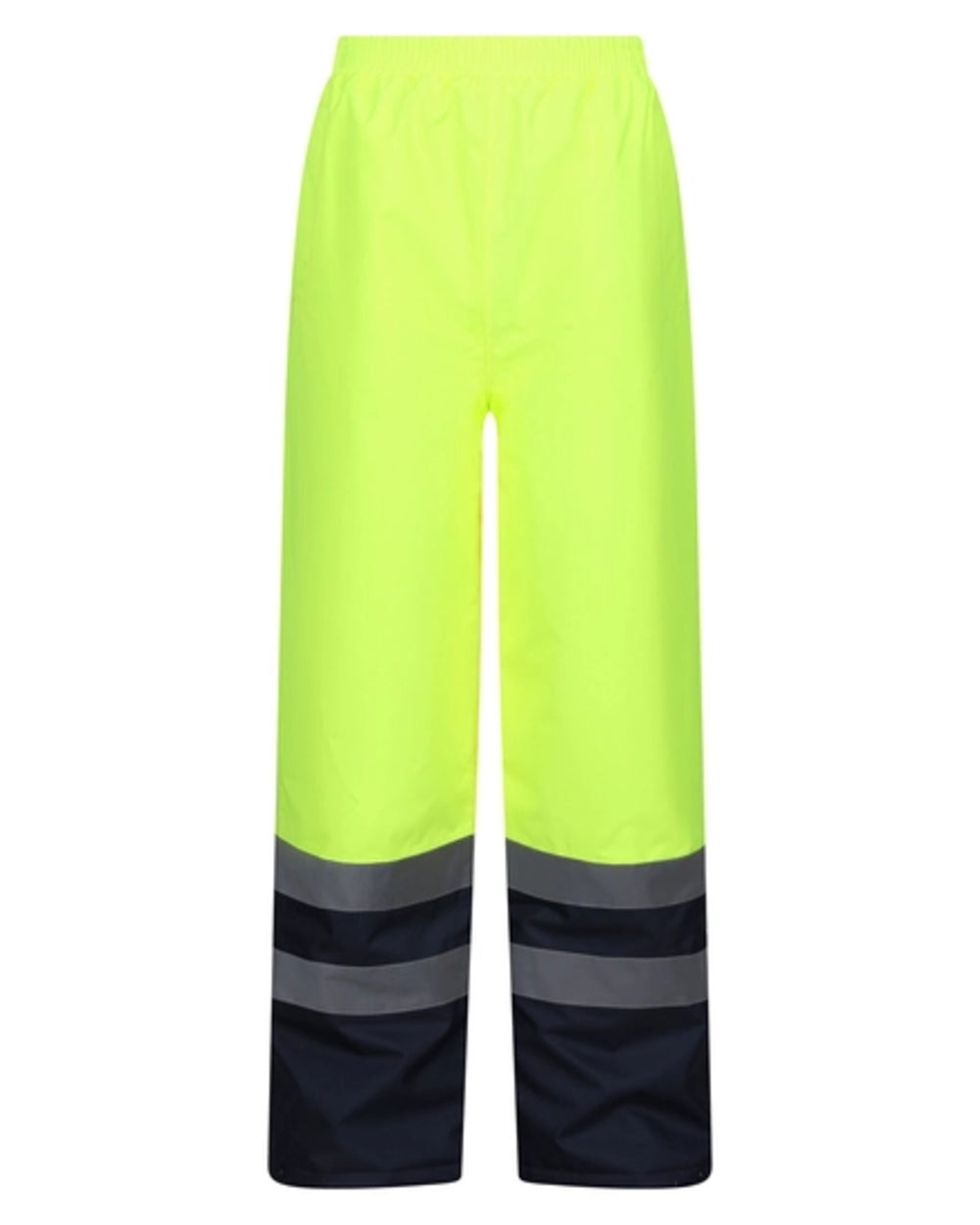 Yellow Navy coloured Regatta Professional HI-VIS PRO Two Tone Insulated Overtrouser on white background
