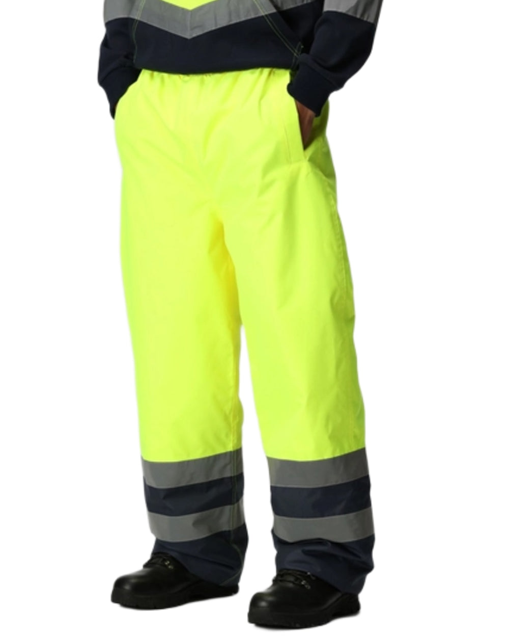 Yellow Navy coloured Regatta Professional HI-VIS PRO Two Tone Insulated Overtrouser on white background