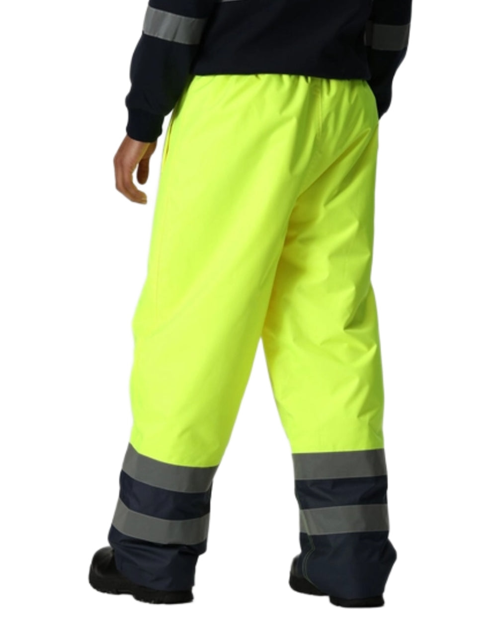 Yellow Navy coloured Regatta Professional HI-VIS PRO Two Tone Insulated Overtrouser on white background