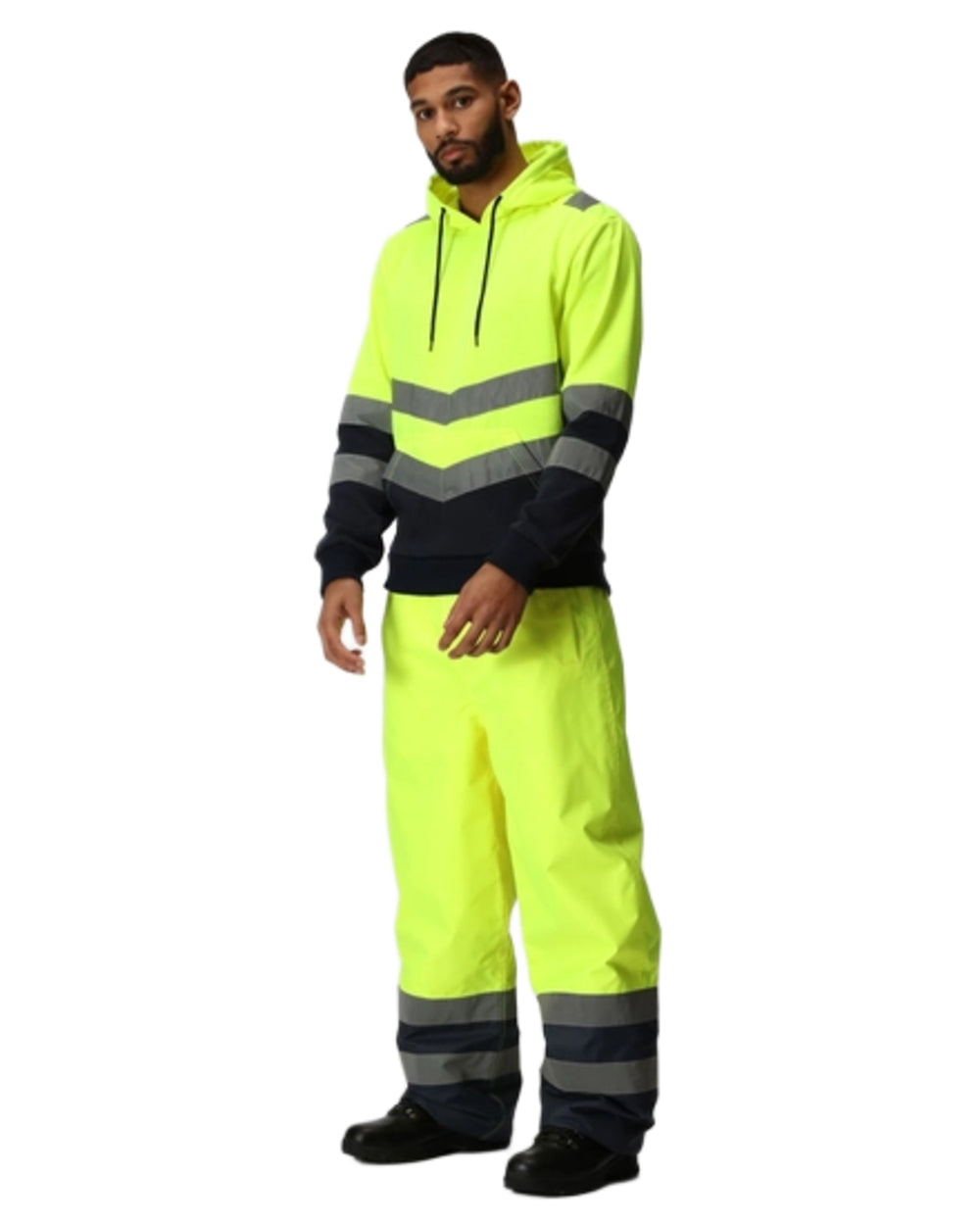 Yellow Navy coloured Regatta Professional HI-VIS PRO Two Tone Insulated Overtrouser on white background