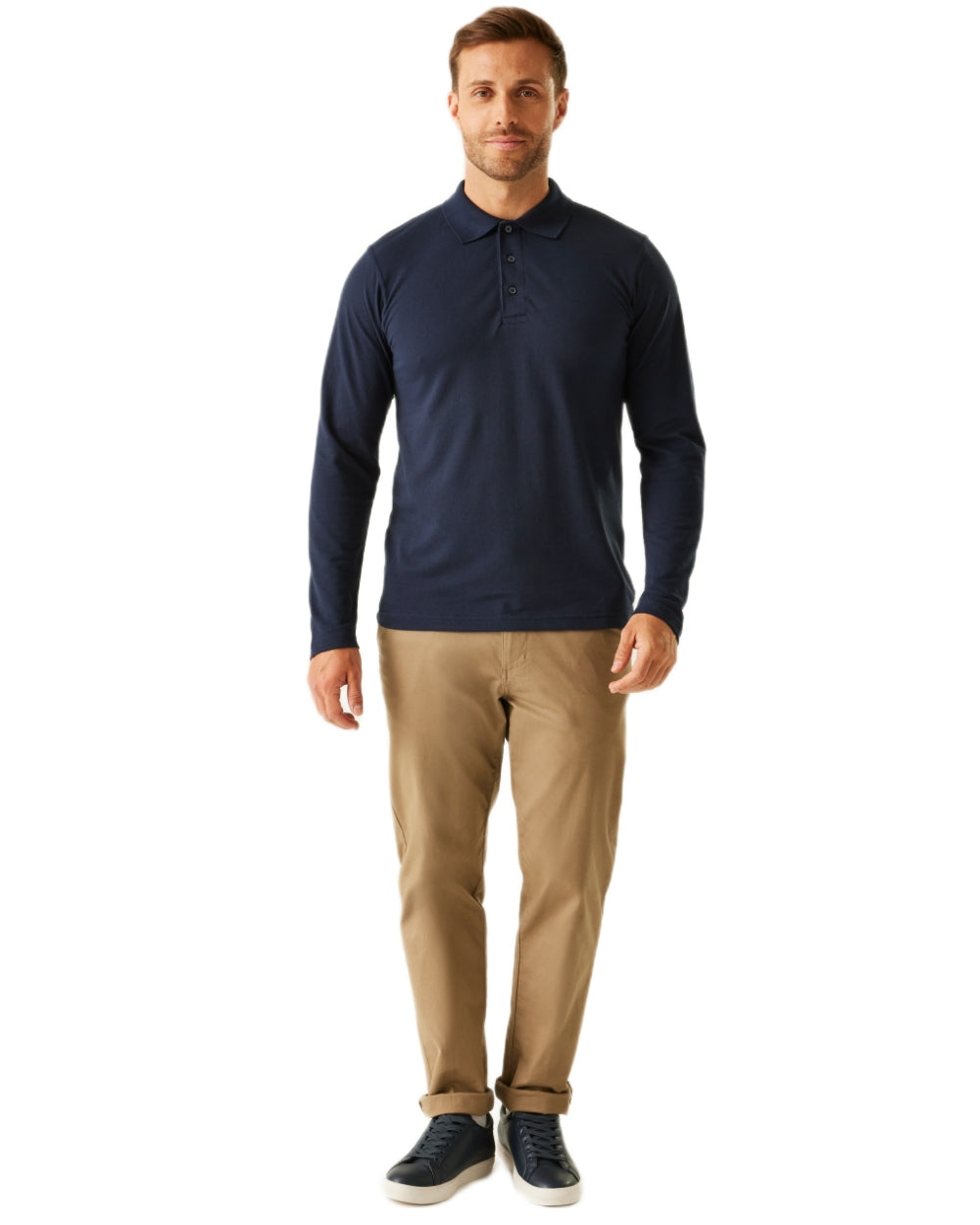Navy coloured Regatta Professional Mens 65/35 Long Sleeves Polo Top on white background