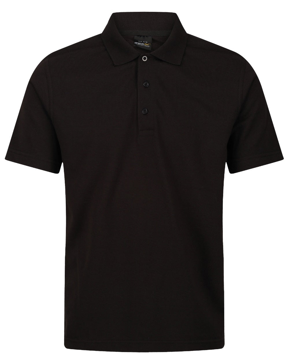 Black coloured Regatta Professional Mens 65/35 Short Sleeves Polo Top on white background
