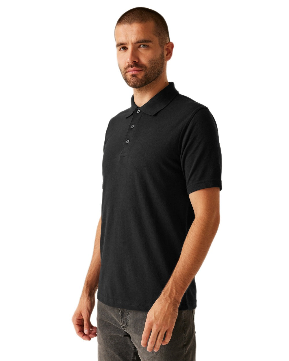 Black coloured Regatta Professional Mens 65/35 Short Sleeves Polo Top on white background
