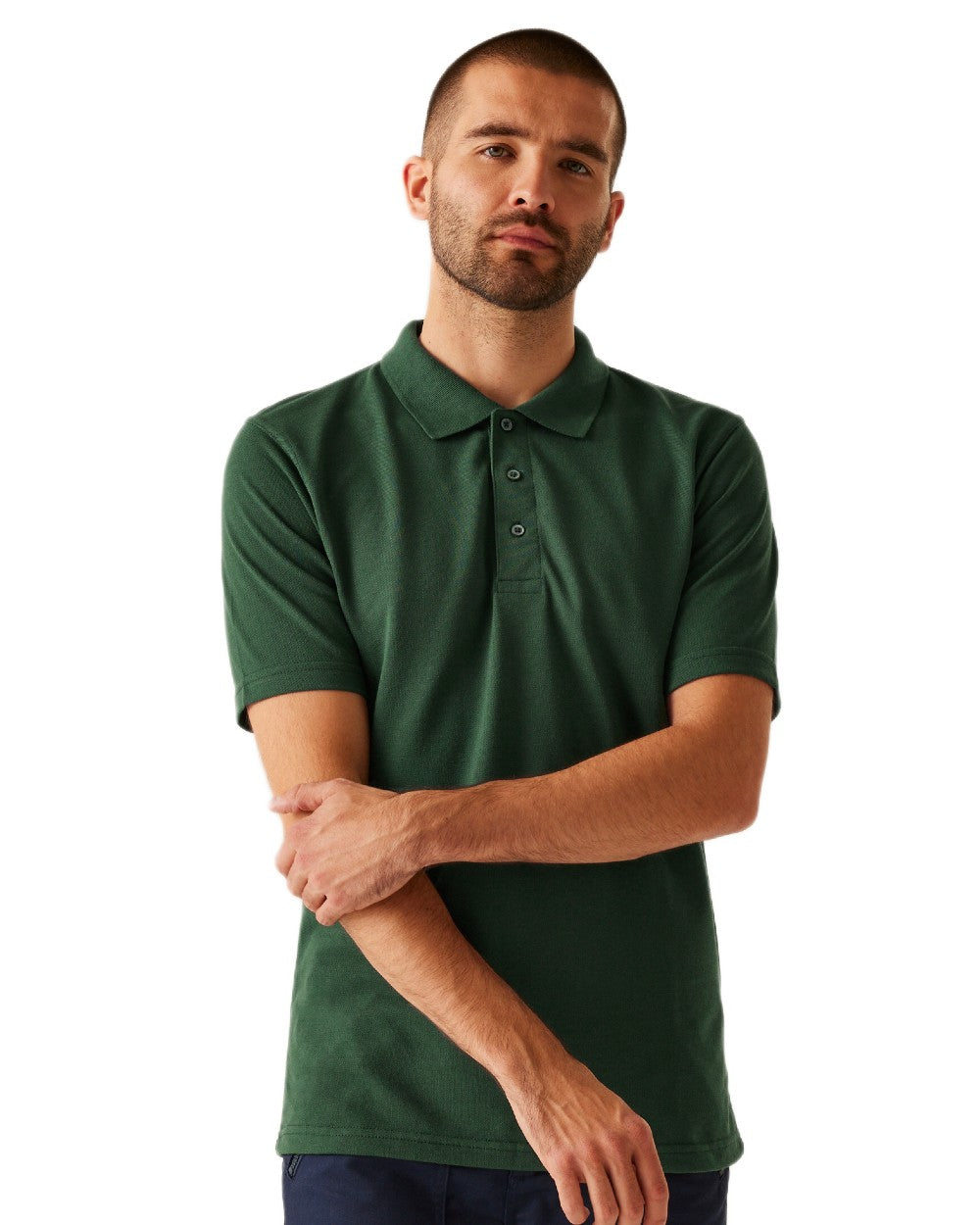 Dark Green coloured Regatta Professional Mens 65/35 Short Sleeves Polo Top on white background