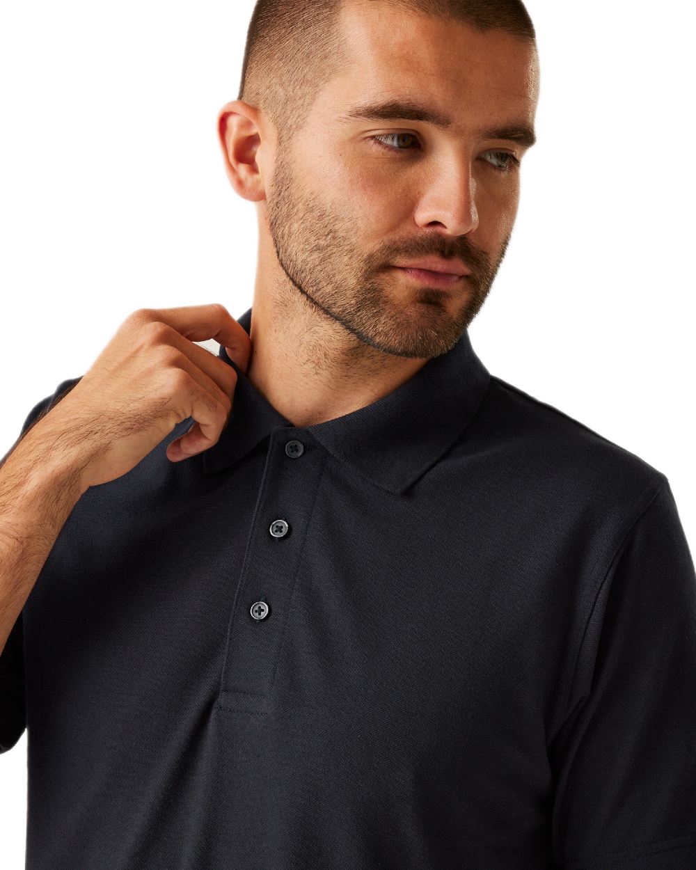 Navy coloured Regatta Professional Mens 65/35 Short Sleeves Polo Top on white background