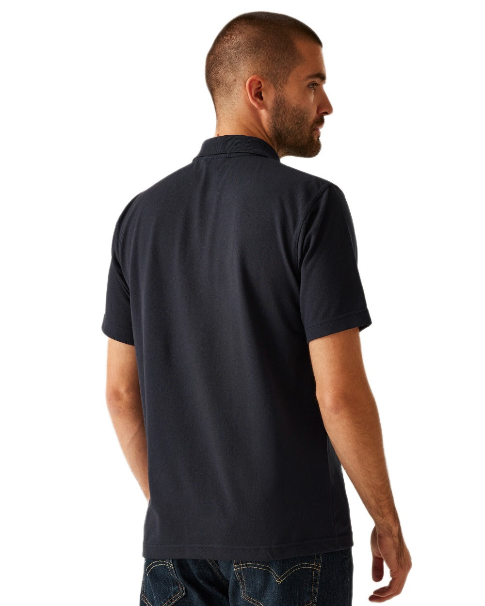 Navy coloured Regatta Professional Mens 65/35 Short Sleeves Polo Top on white background
