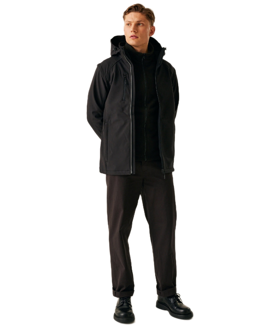 Black coloured Regatta Professional Mens Erasmus 4 In 1 Softshell Jacket on white background