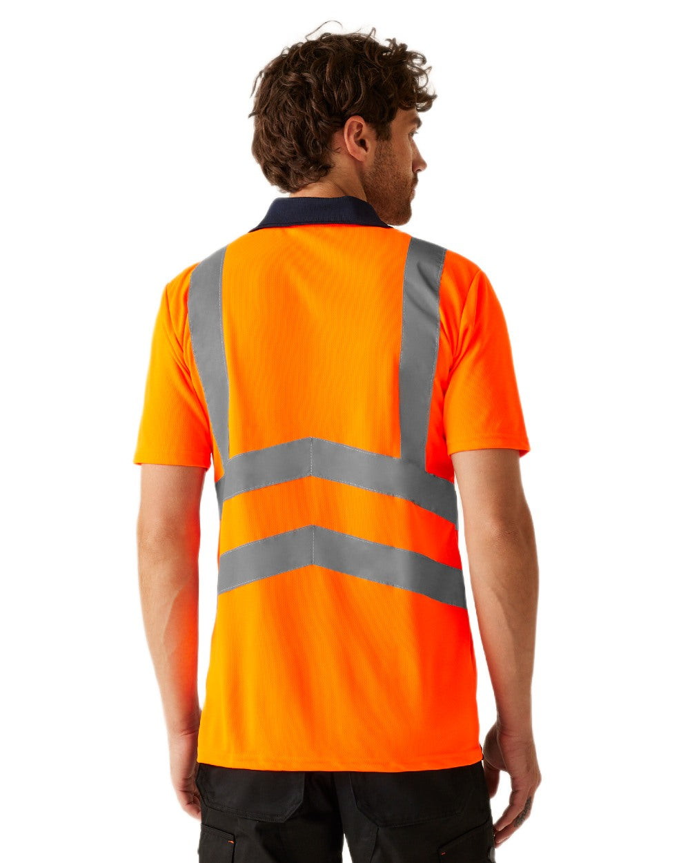 Orange Navy coloured Regatta Professional Mens Hi Vis Pro Reflective Polo Work Shirt on white background
