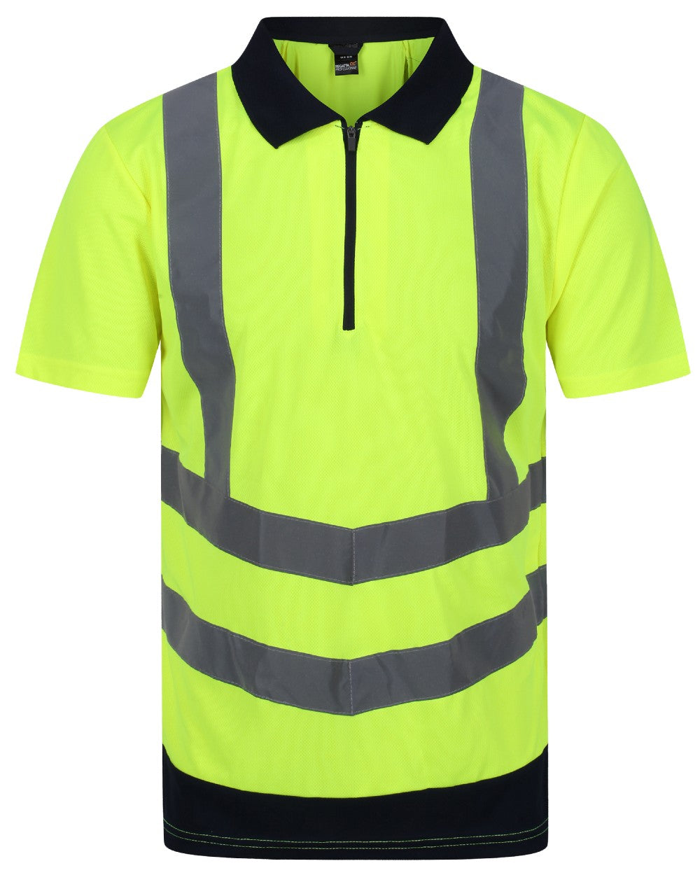Yellow Navy coloured Regatta Professional Mens Hi Vis Pro Reflective Polo Work Shirt on white background