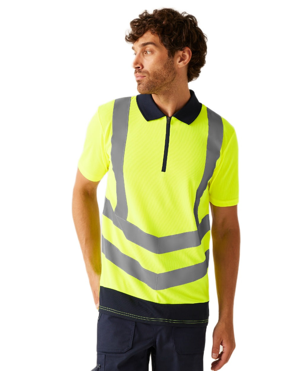 Yellow Navy coloured Regatta Professional Mens Hi Vis Pro Reflective Polo Work Shirt on white background