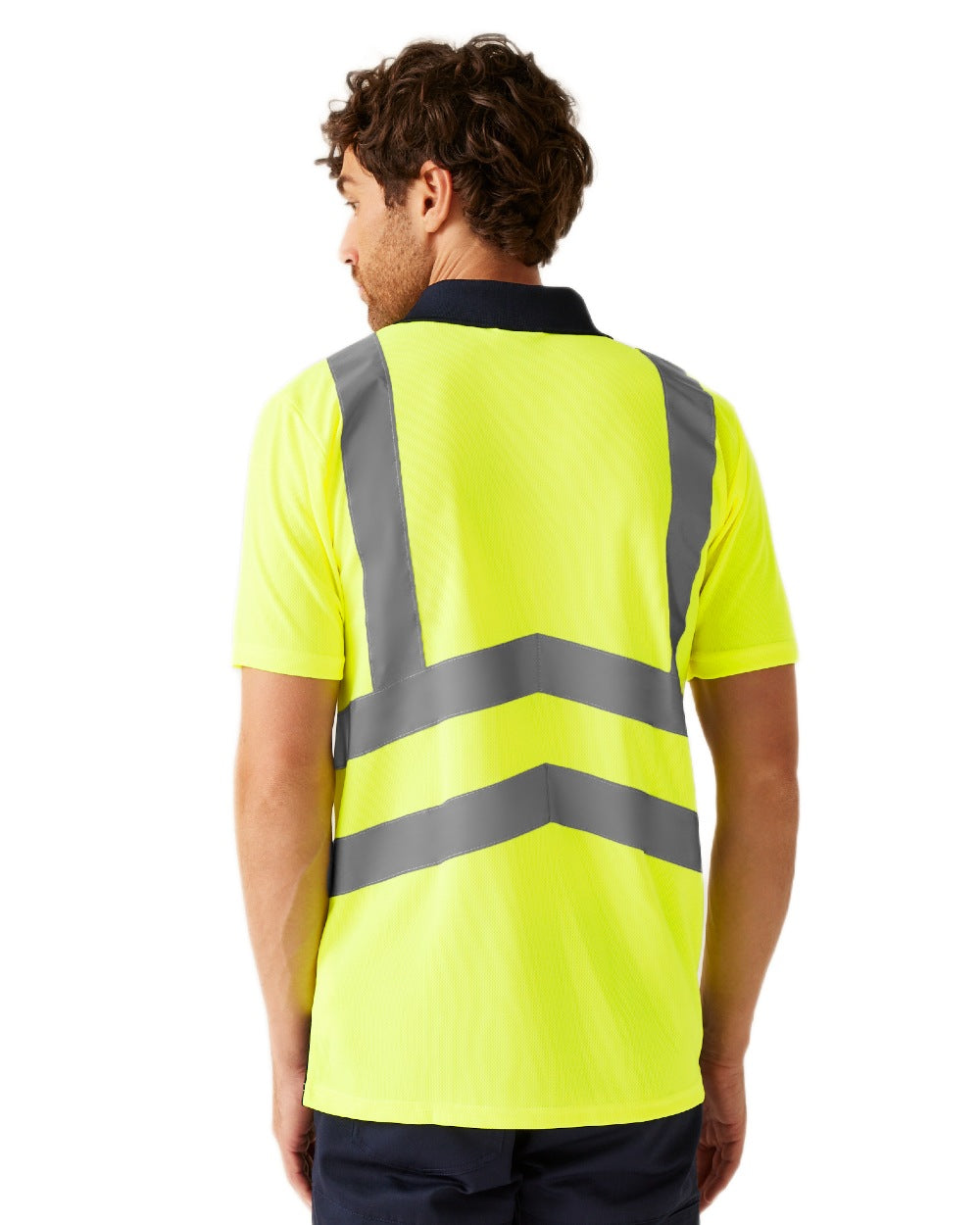 Yellow Navy coloured Regatta Professional Mens Hi Vis Pro Reflective Polo Work Shirt on white background
