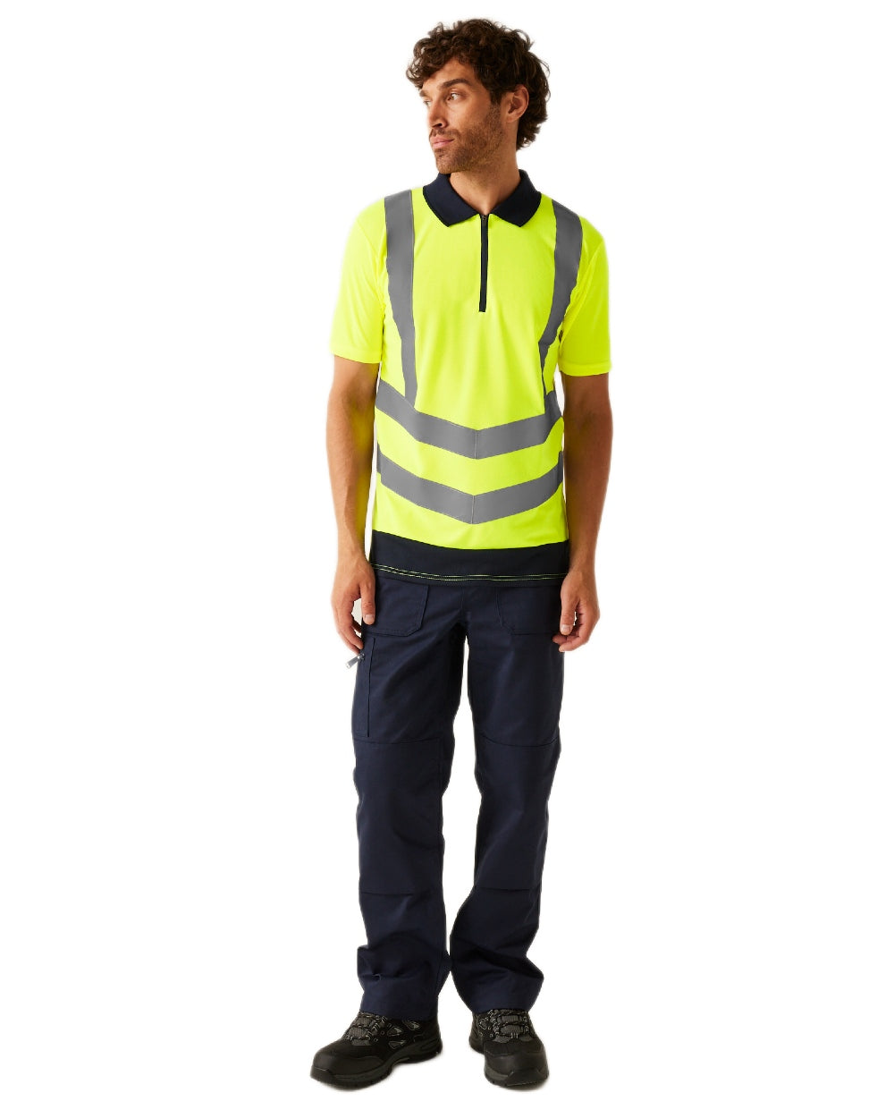 Yellow Navy coloured Regatta Professional Mens Hi Vis Pro Reflective Polo Work Shirt on white background
