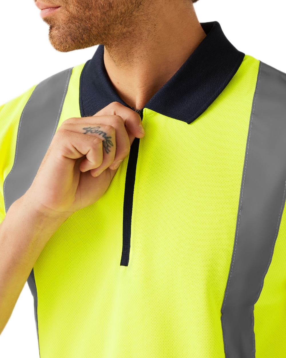 Yellow Navy coloured Regatta Professional Mens Hi Vis Pro Reflective Polo Work Shirt on white background