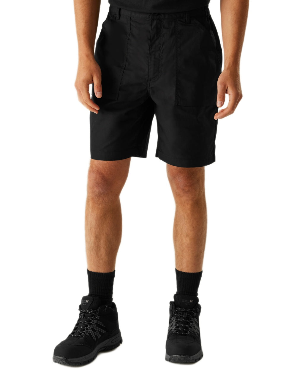 Black coloured Regatta Professional Mens Multi Pocket Action Shorts on white background