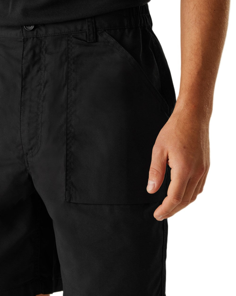 Black coloured Regatta Professional Mens Multi Pocket Action Shorts on white background