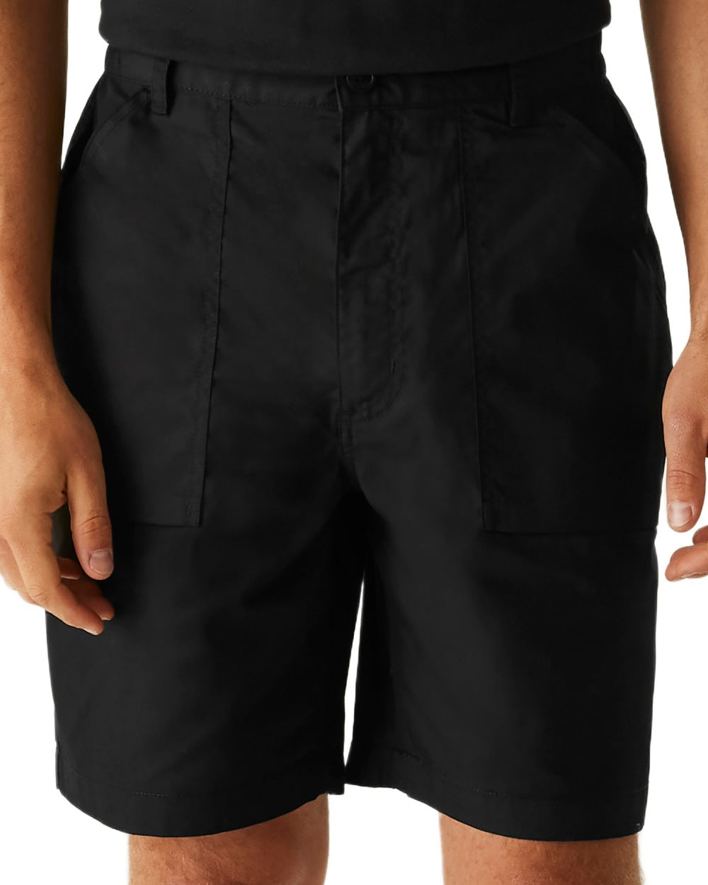 Black coloured Regatta Professional Mens Multi Pocket Action Shorts on white background
