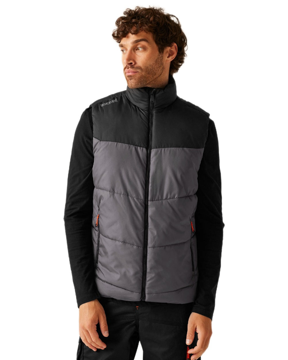 Iron Black coloured Regatta Professional Mens Regime Insulated Bodywarmer on white background