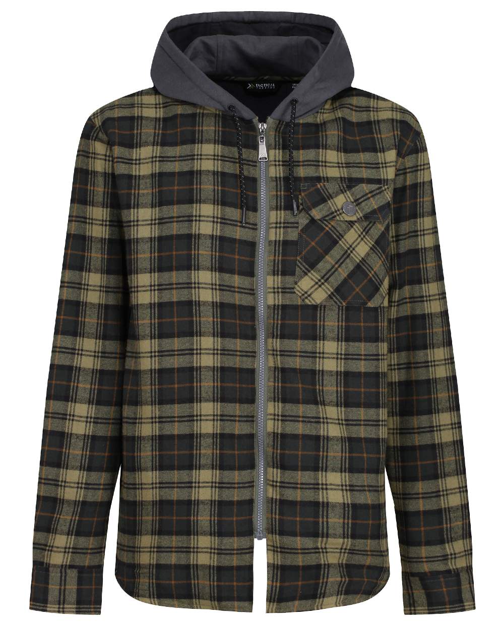 Dark Khaki Check coloured Regatta Professional Mens Seige Hooded Shirt Jacket on white background