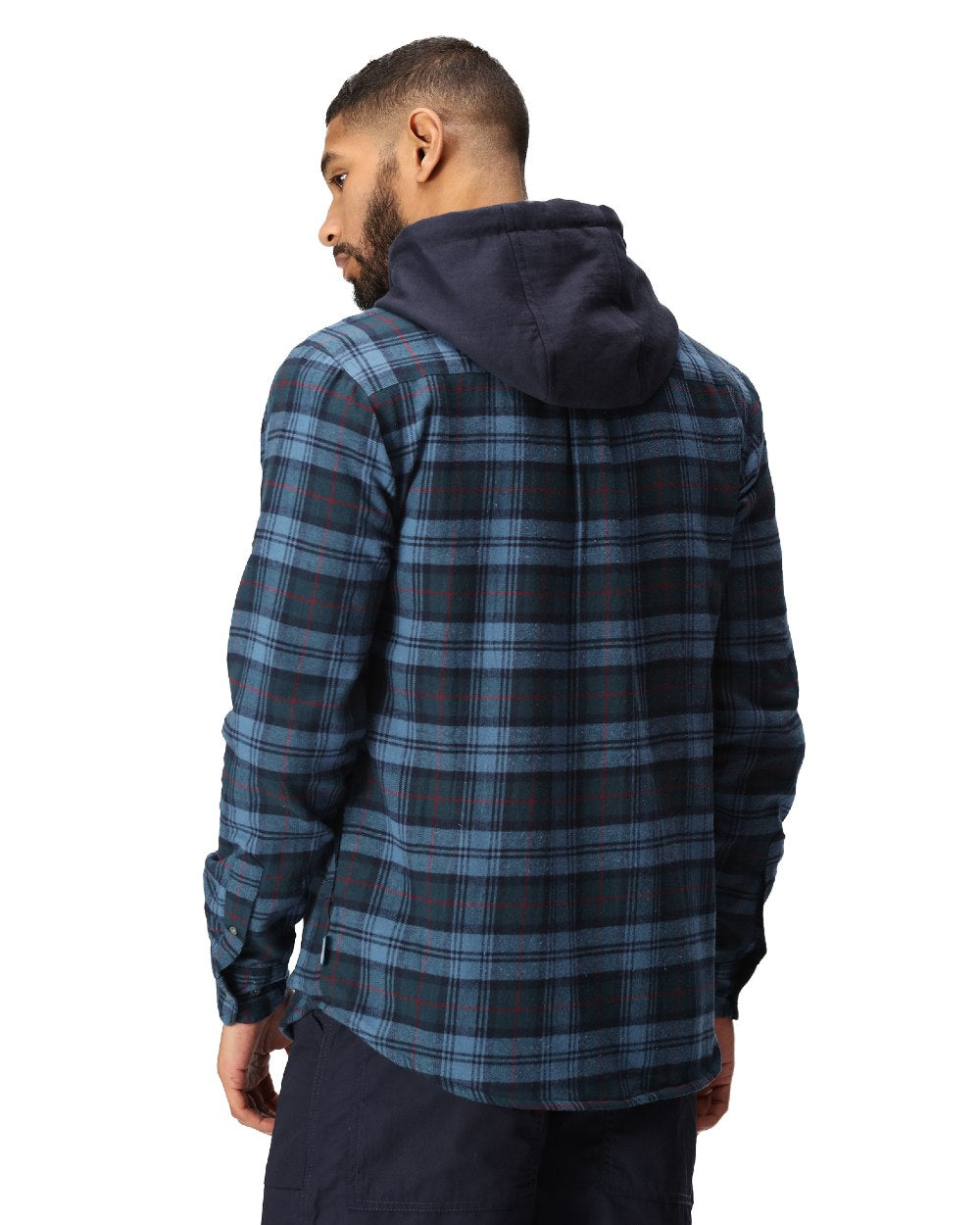 Navy Check coloured Regatta Professional Mens Seige Hooded Shirt Jacket on white background