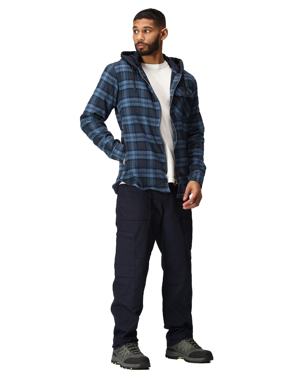 Navy Check coloured Regatta Professional Mens Seige Hooded Shirt Jacket on white background