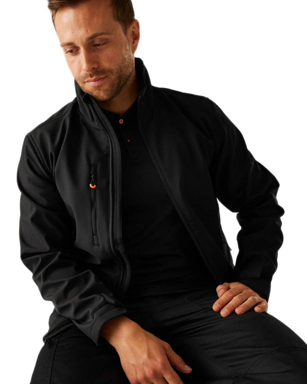 Black coloured Regatta Professional Mens Thermogen Heated Softshell Jacket on white background