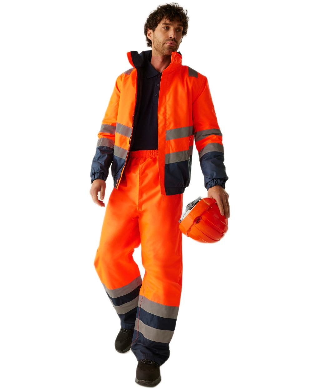 Orange Navy coloured Regatta Professional Mens Waterproof Hi-Vis Bomber Jacket on white background