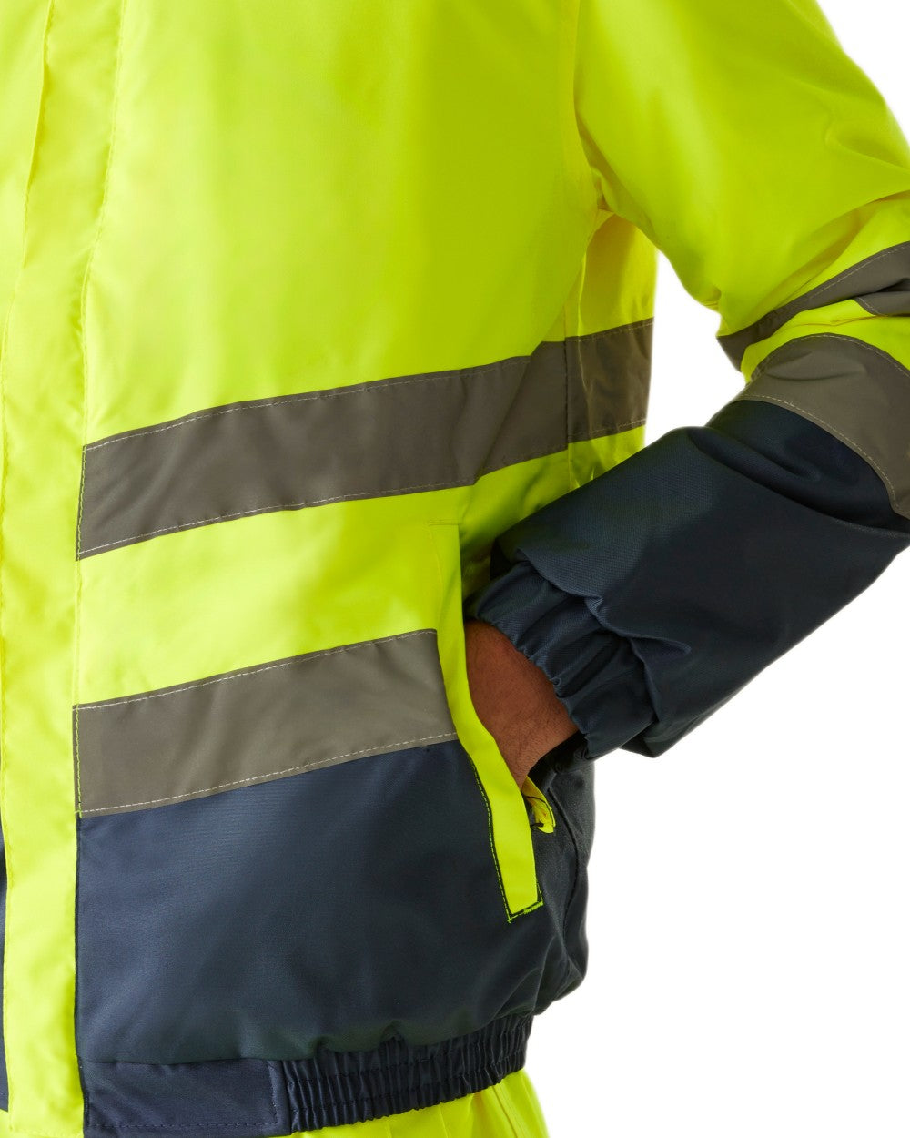 Yellow Navy coloured Regatta Professional Mens Waterproof Hi-Vis Bomber Jacket on white background
