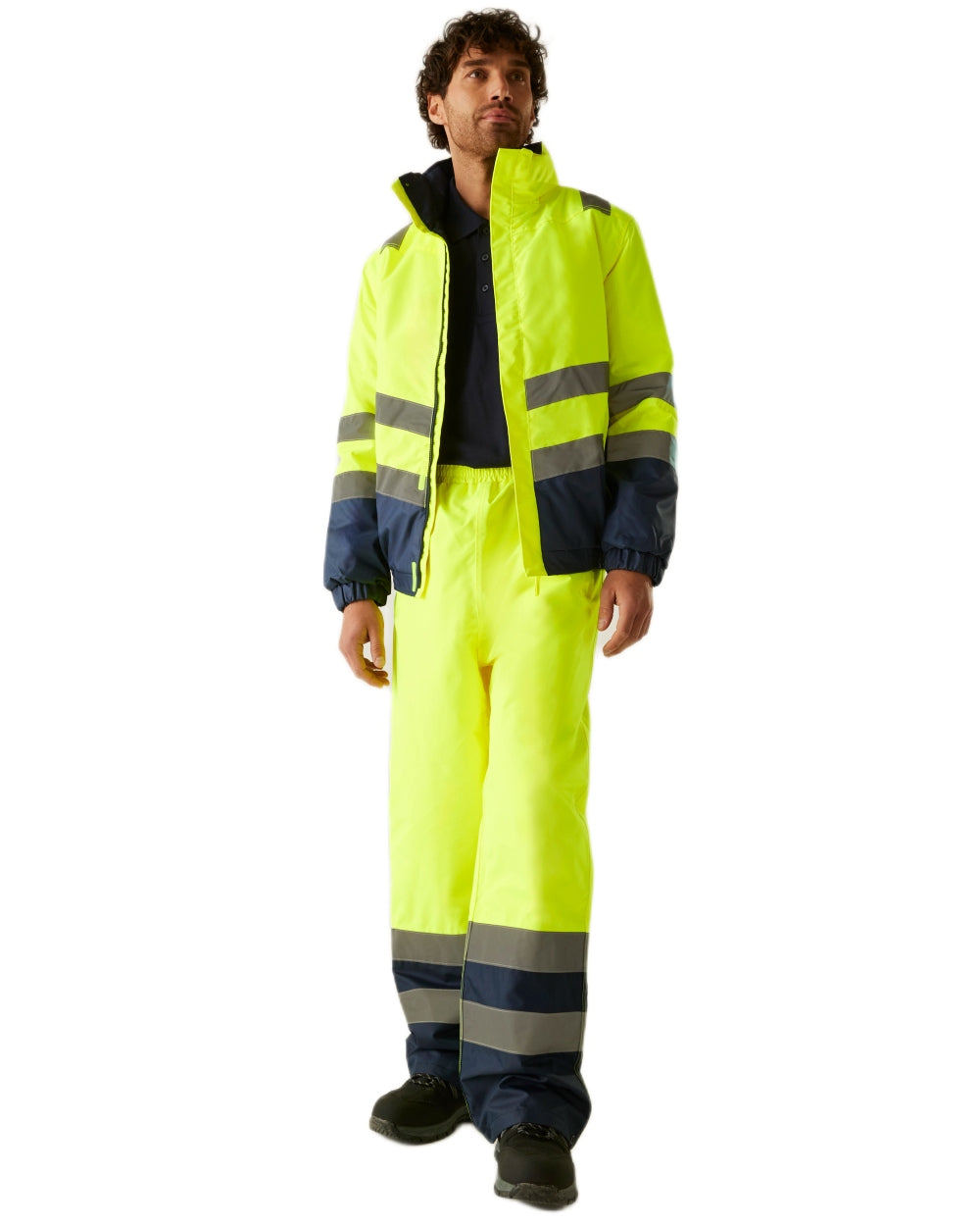 Yellow Navy coloured Regatta Professional Mens Waterproof Hi-Vis Bomber Jacket on white background