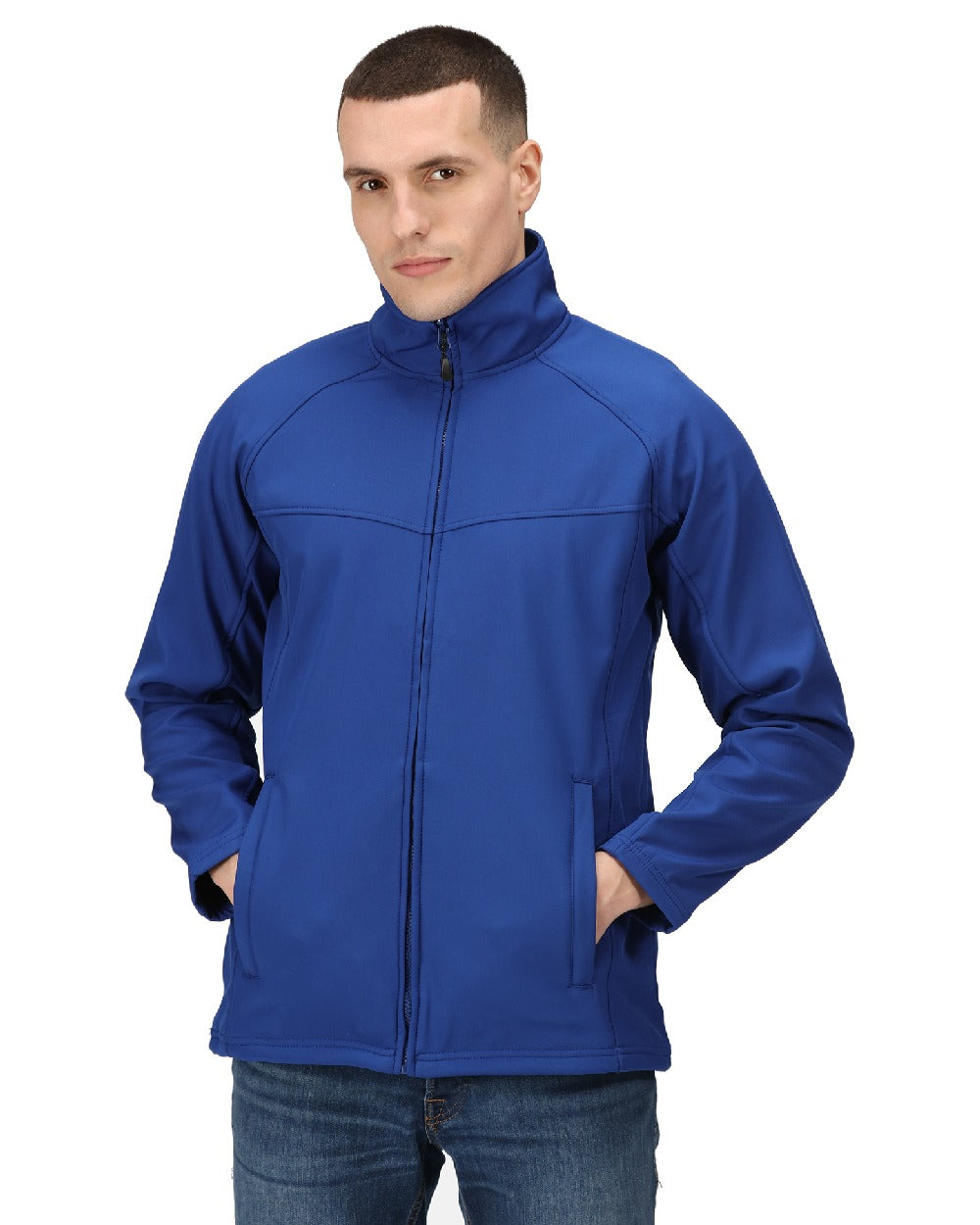 New Royal coloured Regatta Uproar Softshell Jacket on white background