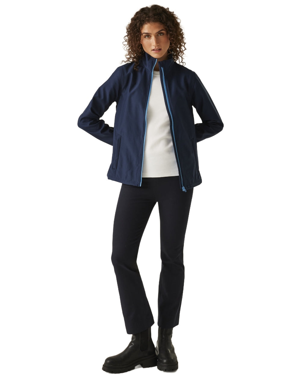Navy French Blue coloured Regatta Womens Ablaze Printable Softshell Jacket on white background