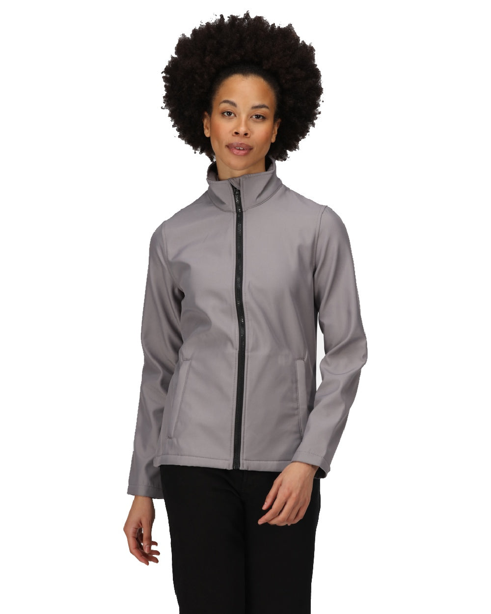 Rock Grey Black coloured Regatta Womens Ablaze Printable Softshell Jacket on white background