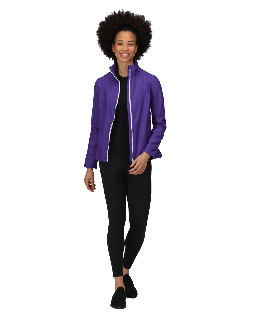 Vibrant Purple Black coloured Regatta Womens Ablaze Printable Softshell Jacket on white background