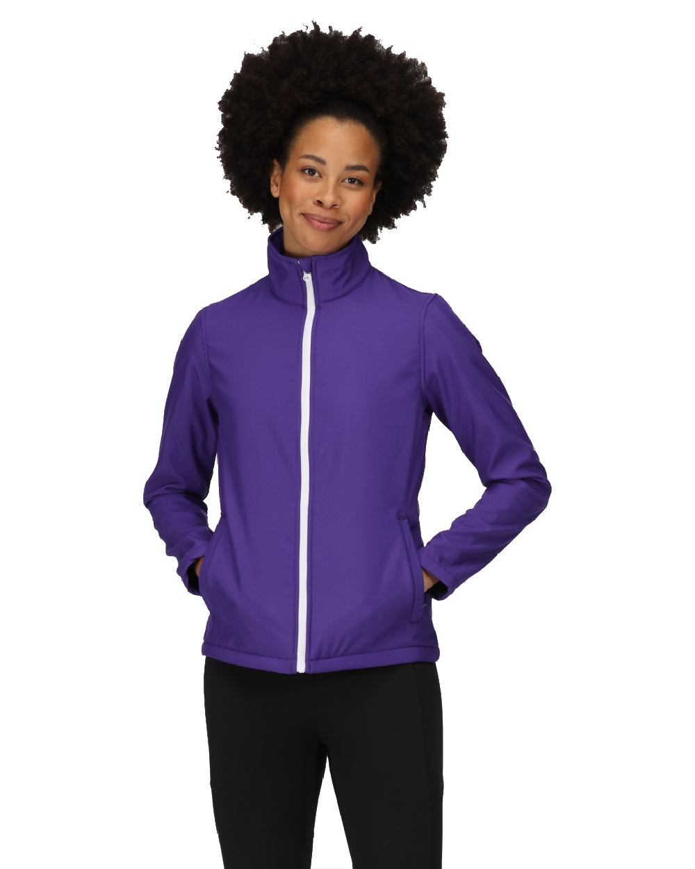 Vibrant Purple Black coloured Regatta Womens Ablaze Printable Softshell Jacket on white background