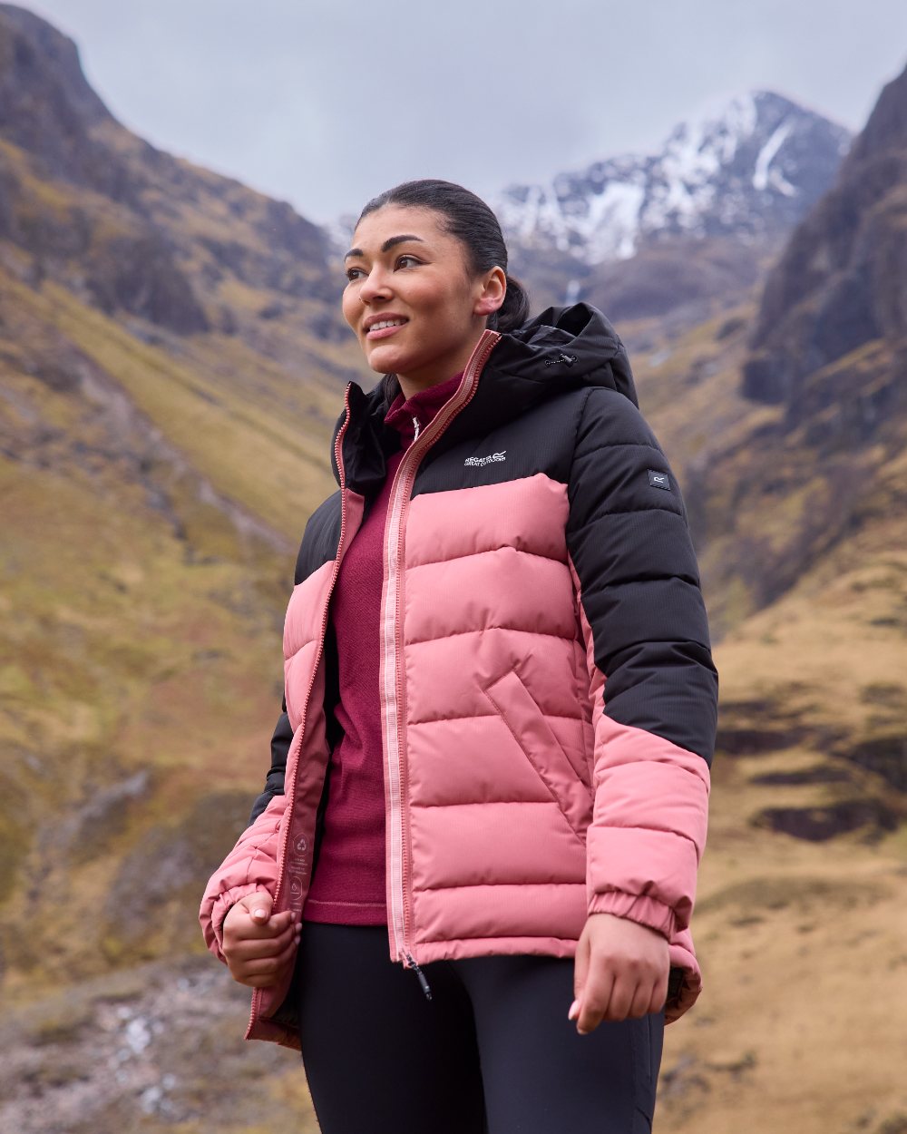 Dusty Rose Black Coloured Regatta Womens Aldthorn Quilted Jacket on mountain background