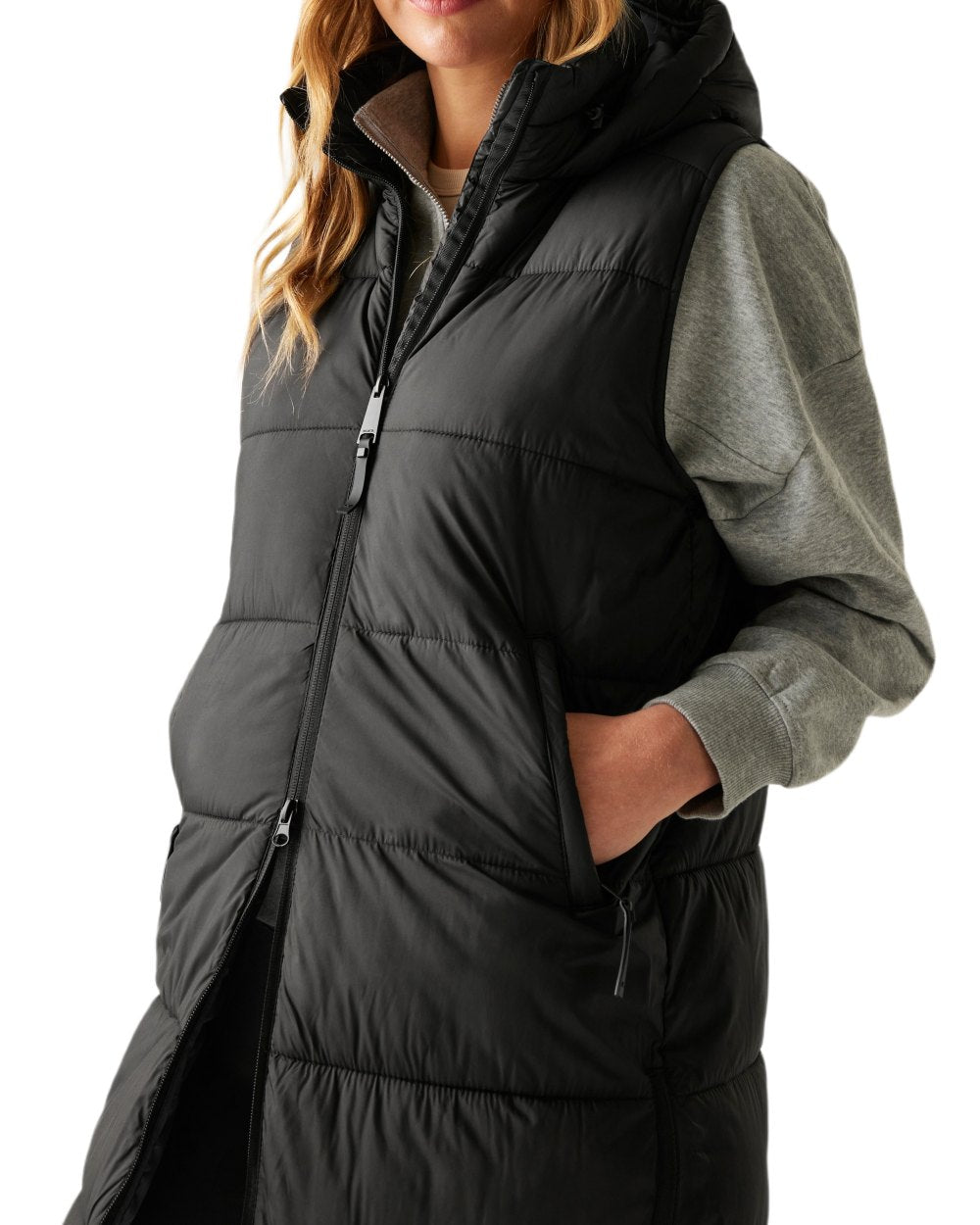 Black Coloured Regatta Womens Ganella Quilted Longline Gilet on white background