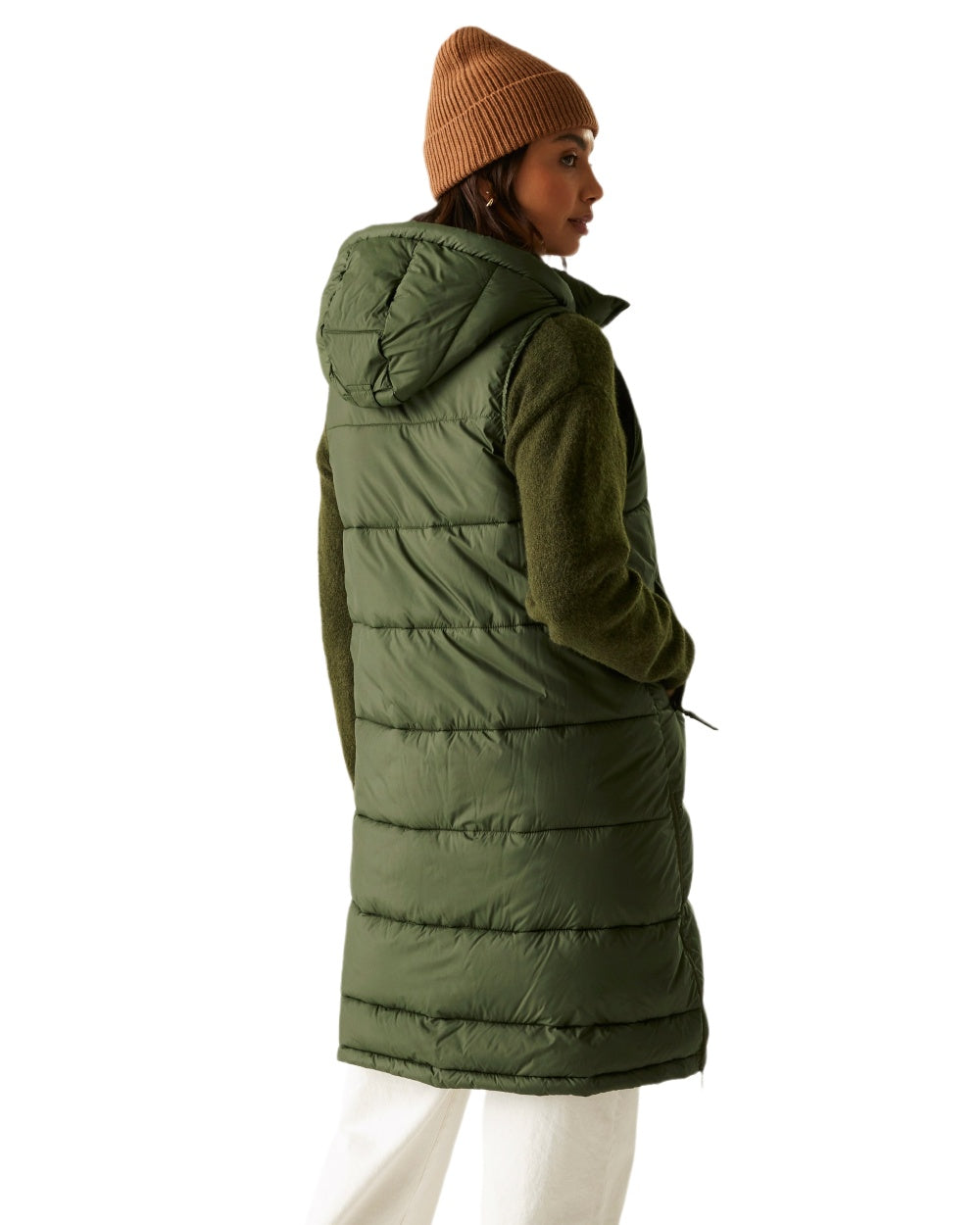 Dark Khaki Coloured Regatta Womens Ganella Quilted Longline Gilet on white background