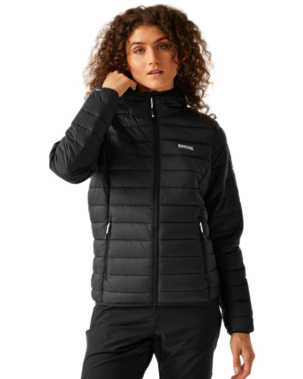 Black Coloured Regatta Womens Hooded Marizion Quilted Jacket on white background