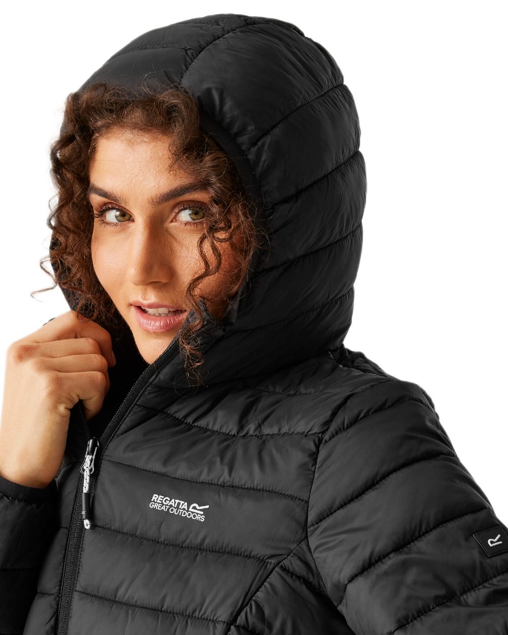 Black Coloured Regatta Womens Hooded Marizion Quilted Jacket on white background