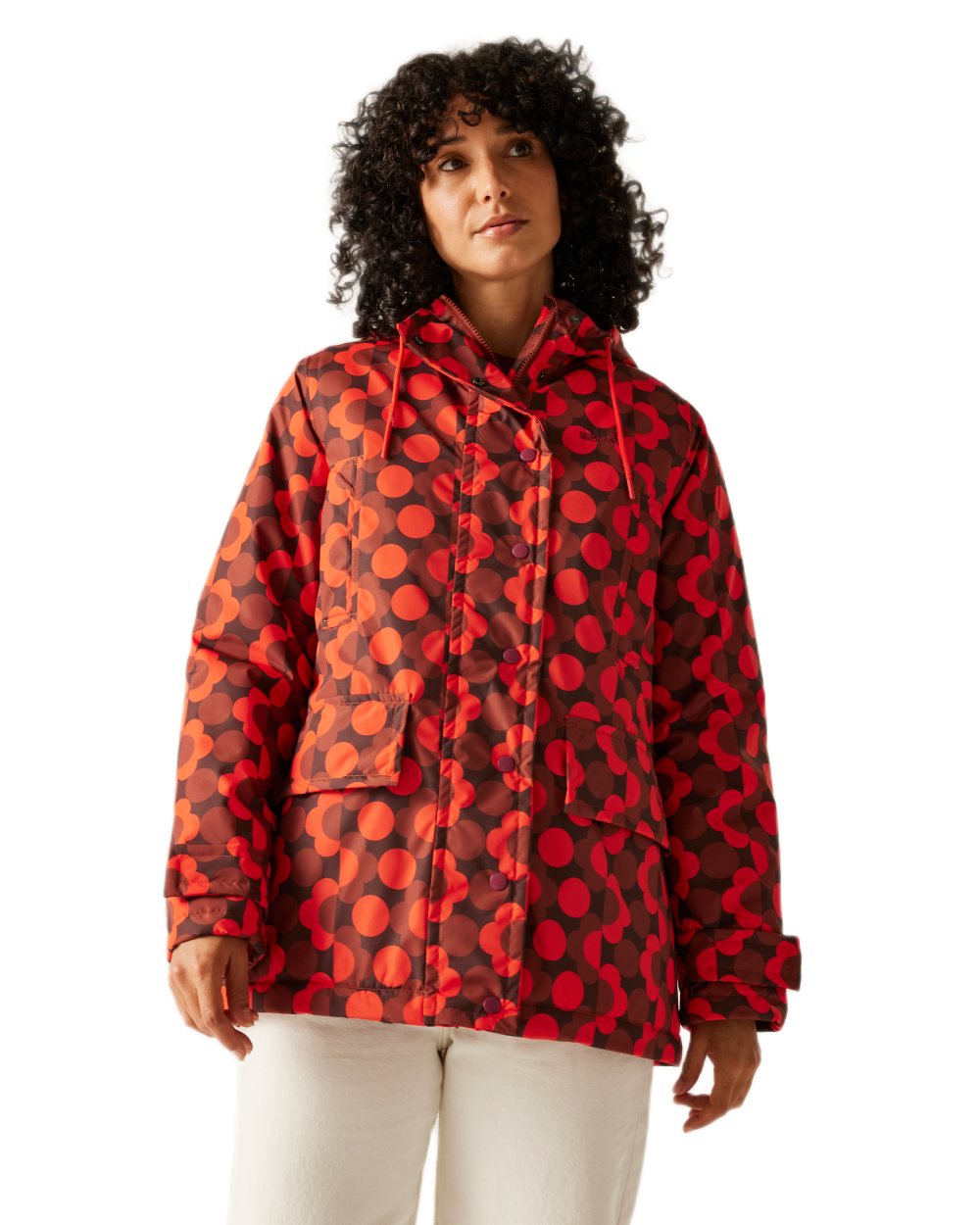 Frilly Flower Red Coloured Regatta Womens Orla Kiely Mid Length Waterproof Jacket on white background