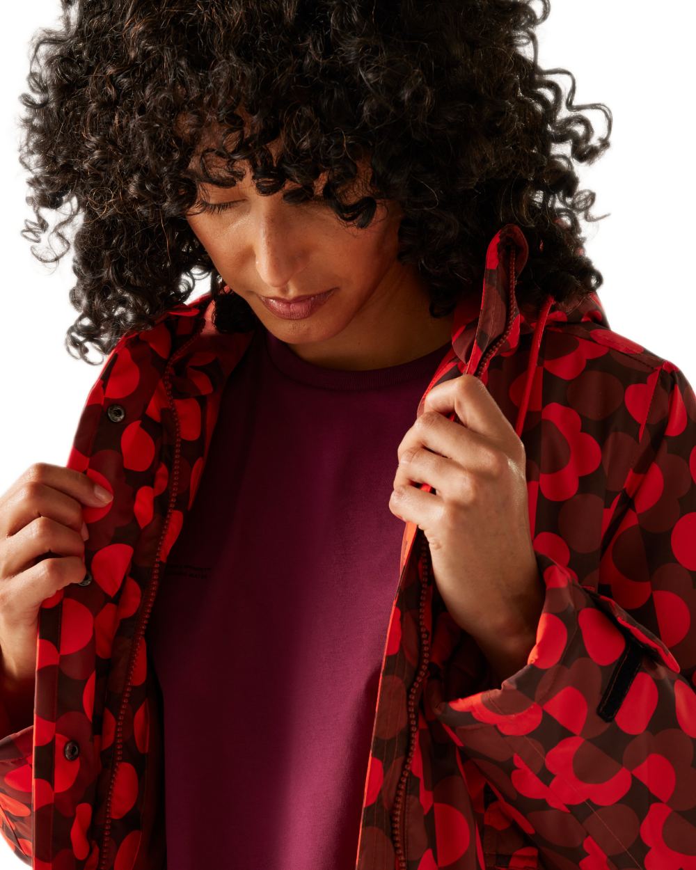 Frilly Flower Red Coloured Regatta Womens Orla Kiely Mid Length Waterproof Jacket on white background