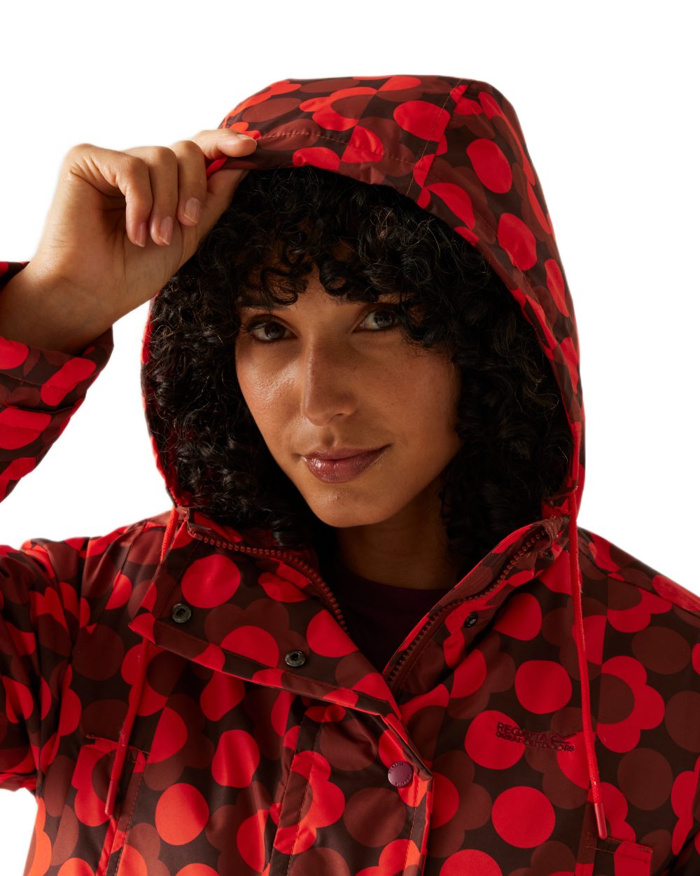 Frilly Flower Red Coloured Regatta Womens Orla Kiely Mid Length Waterproof Jacket on white background