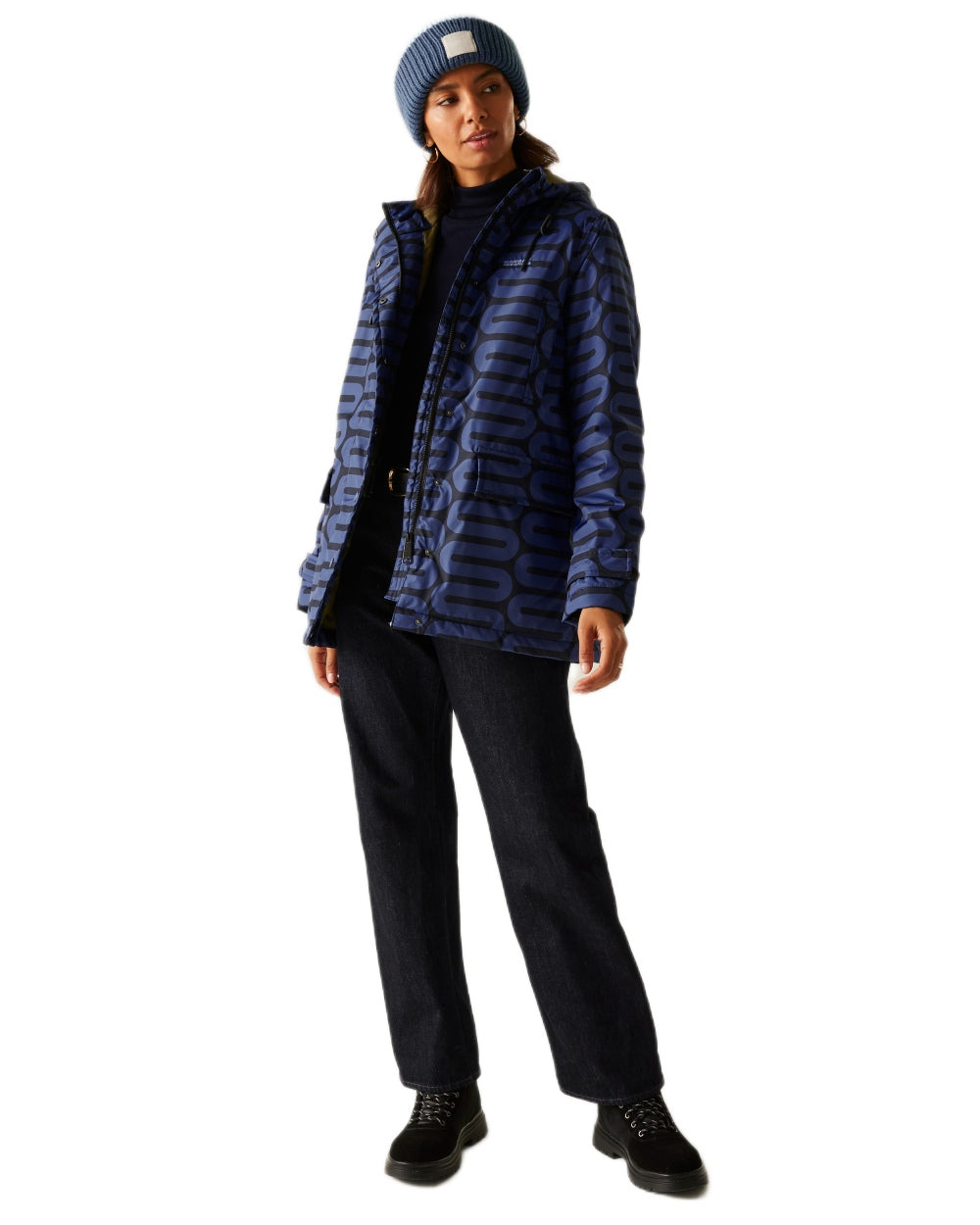 Large Wiggle Blue Coloured Regatta Womens Orla Kiely Mid Length Waterproof Jacket on white background