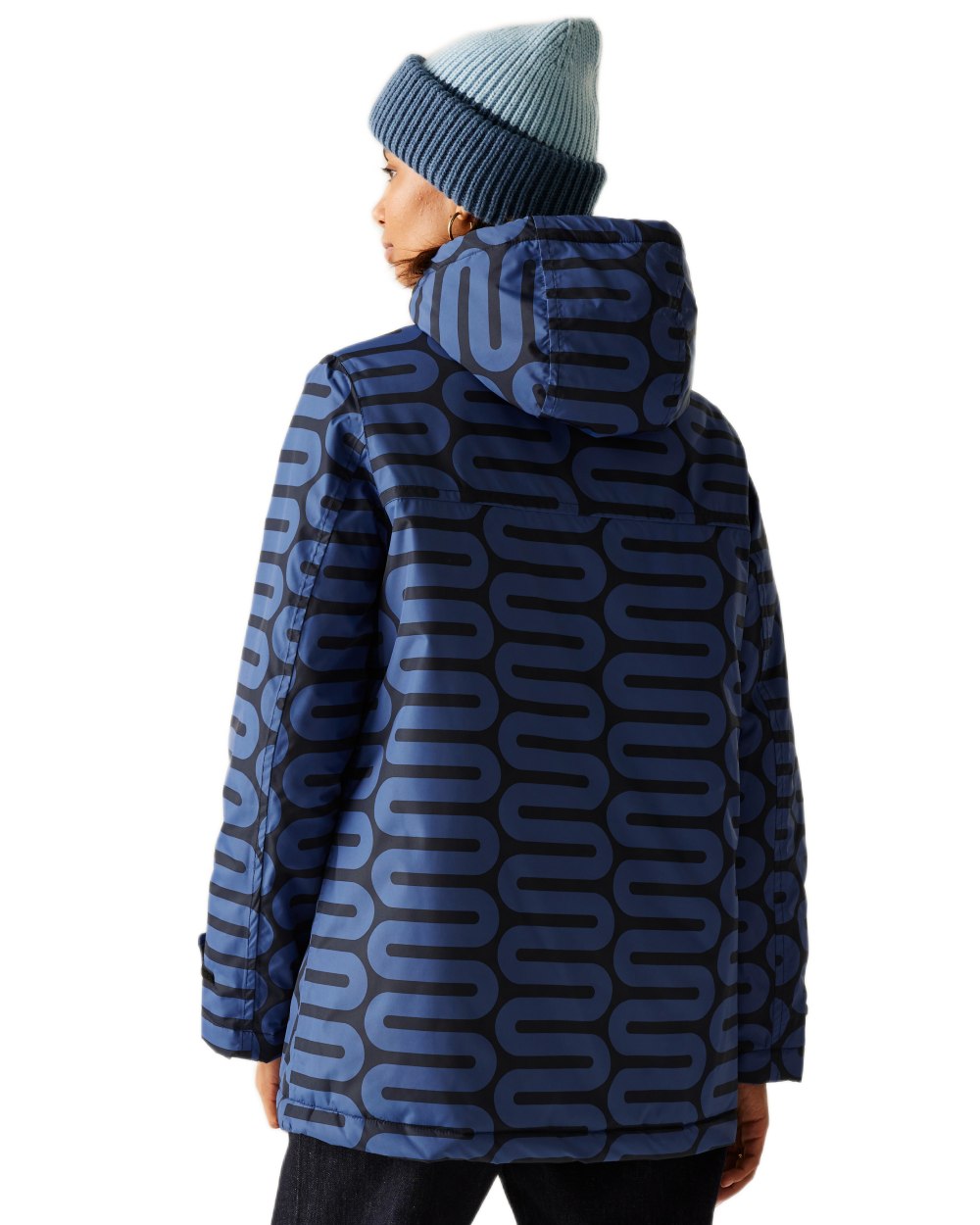 Large Wiggle Blue Coloured Regatta Womens Orla Kiely Mid Length Waterproof Jacket on white background