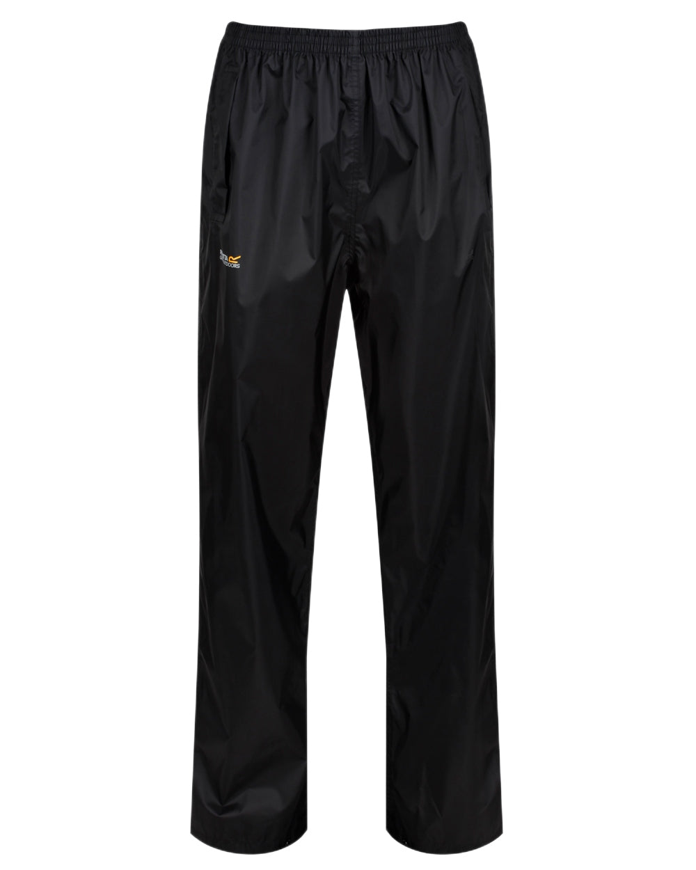 Black Coloured Regatta Womens Pack It Waterproof Overtrousers on white background