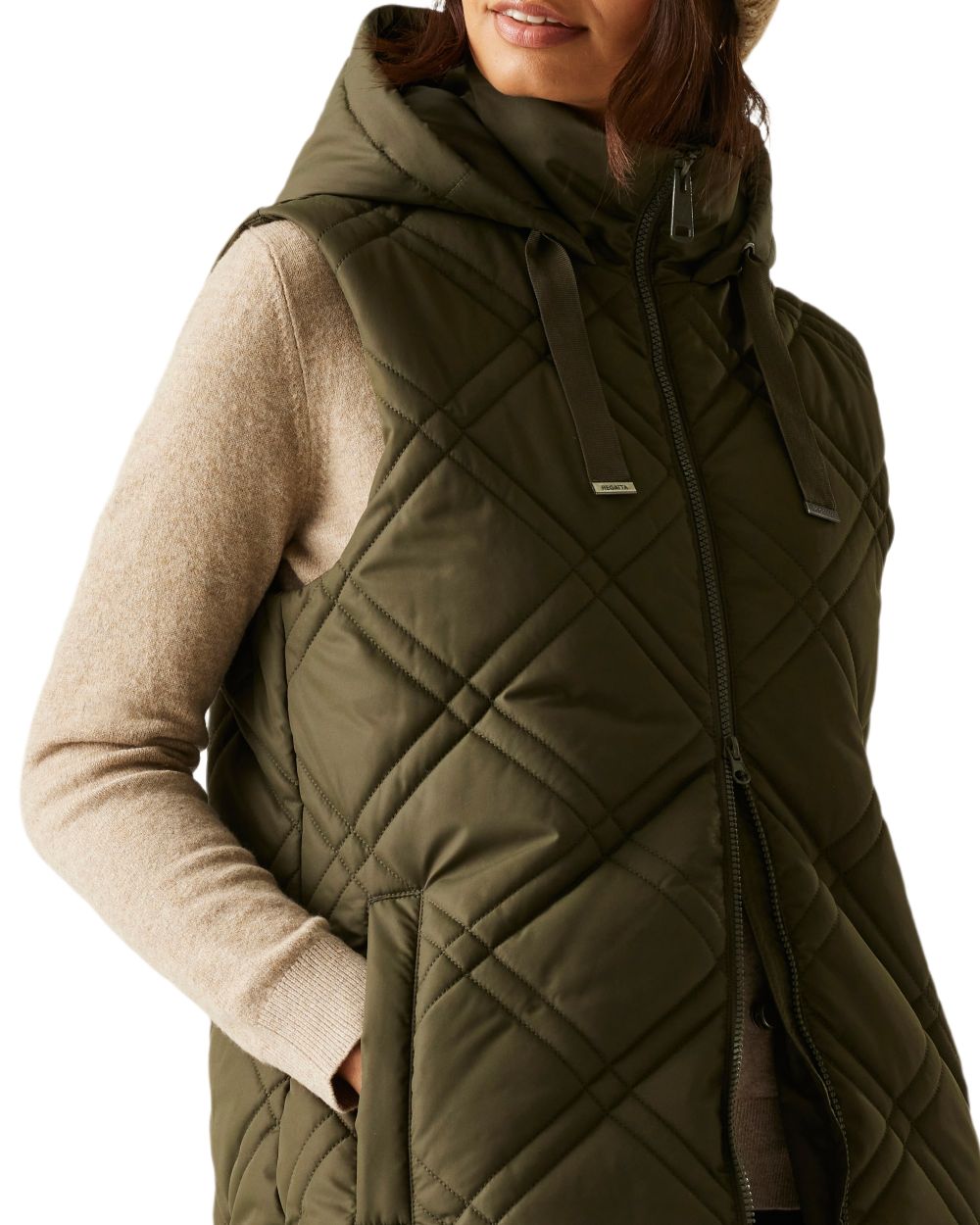 Dark Khaki Coloured Regatta Womens Rurietta Longer Length Bodywarmer on white background