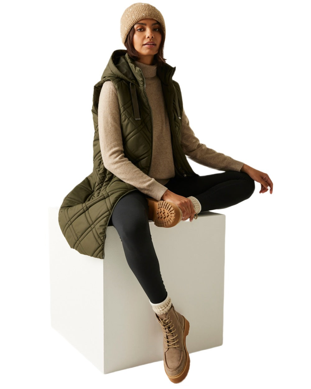 Dark Khaki Coloured Regatta Womens Rurietta Longer Length Bodywarmer on white background