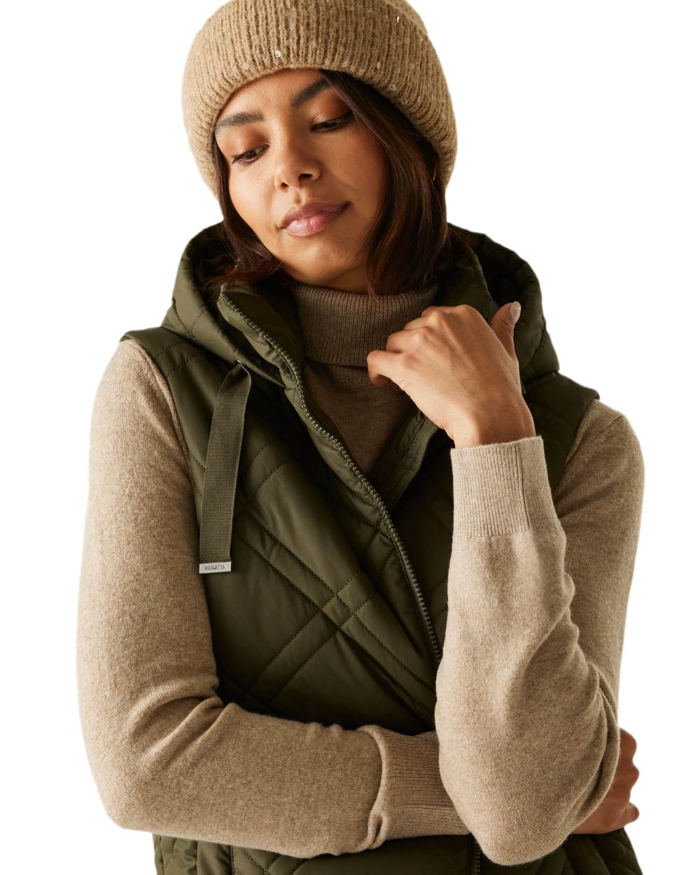 Dark Khaki Coloured Regatta Womens Rurietta Longer Length Bodywarmer on white background